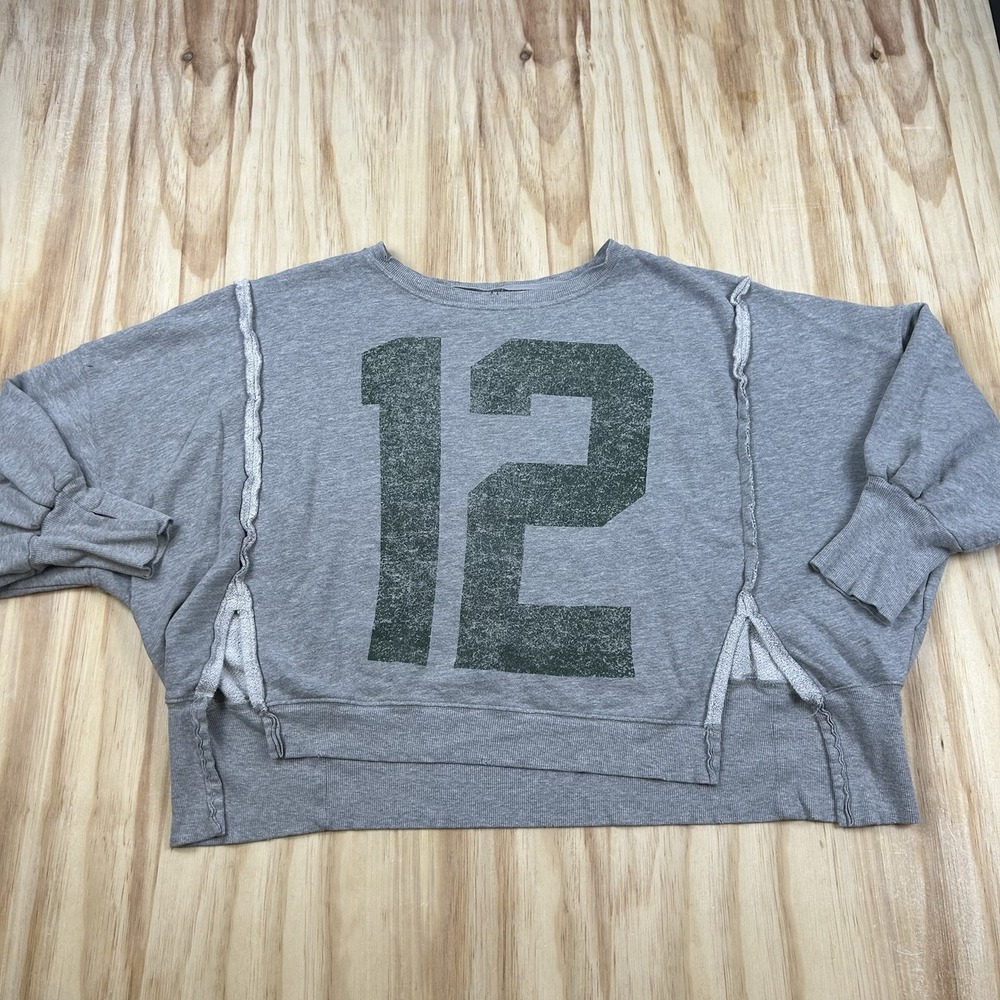 Free People Women's Small Gray #12 Graphic Print Oversized Sweater Boho